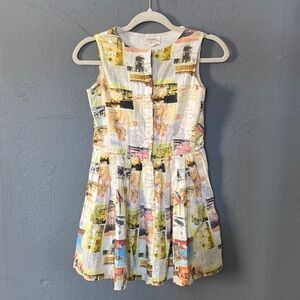 Johnnie b Retro Postcard Ephemera Print Button Front  Dress Size 9-10Y